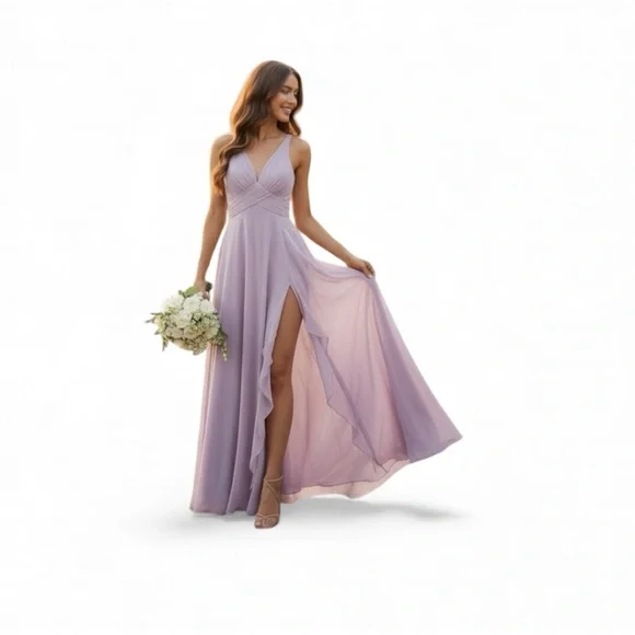 Chiffon V Neck Dresses for Women Ruffles Pleated A-line Formal brand - Picture 7 of 7